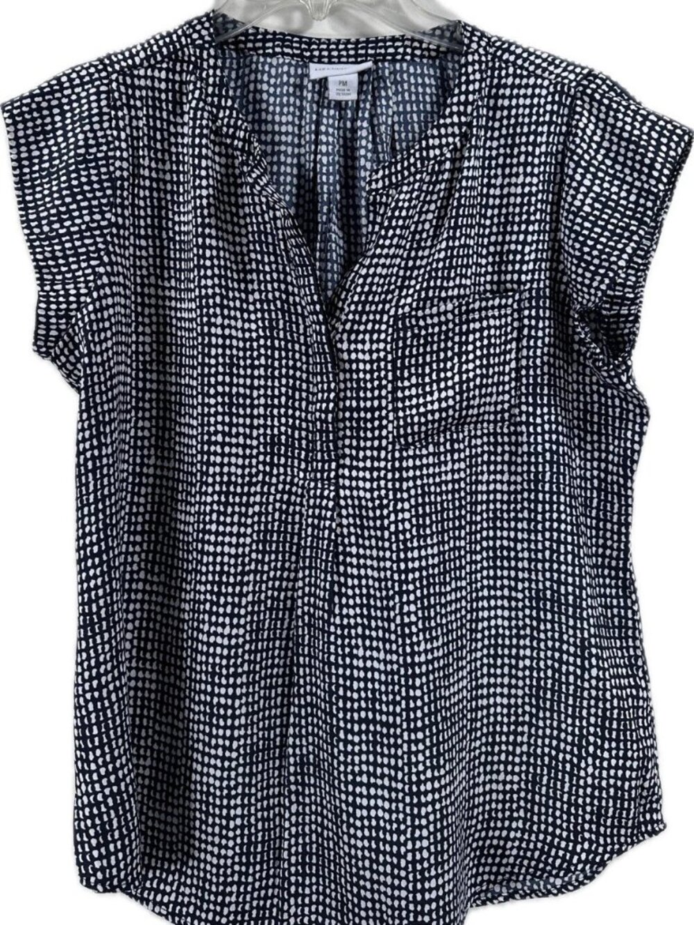 Liz Claiborne Petite Women Top Navy-Blue White Specks Cap Sleeve Pocket Size PM